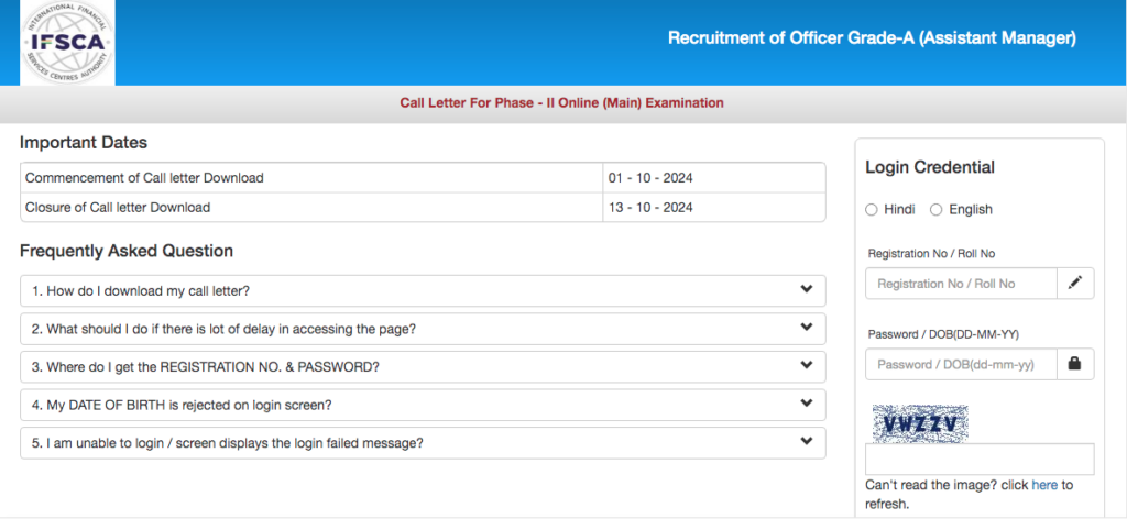 IFSCA Grade A Mains Admit Card