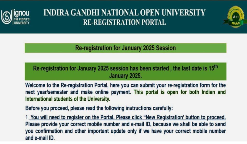 IGNOU January 2025 Re-registration