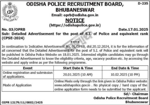 Odisha Police SI Recruitment 2025