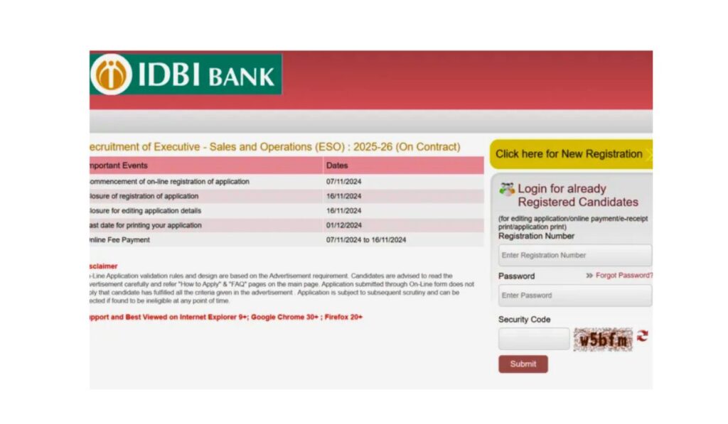 IDBI Executive Sales and Operations ESO Recruitment 2024